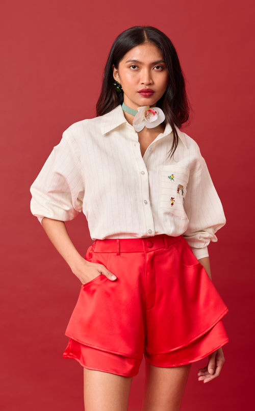 ESCOLTA TOP - WHITE CHALK STRIPES w/BAYANIHAN EMBRO