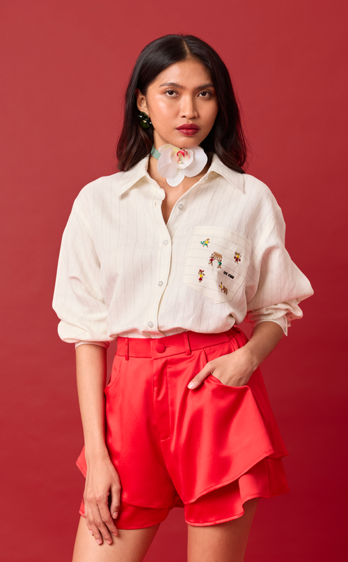 ESCOLTA TOP - WHITE CHALK STRIPES w/BAYANIHAN EMBRO