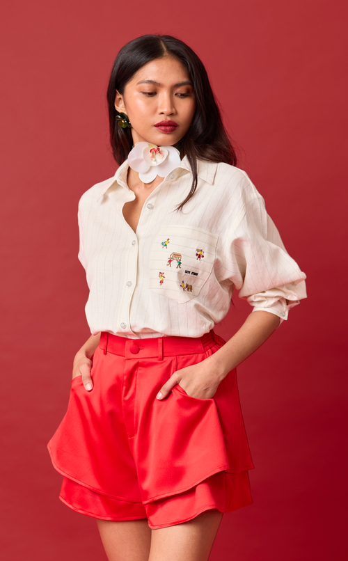 ESCOLTA TOP - WHITE CHALK STRIPES w/BAYANIHAN EMBRO