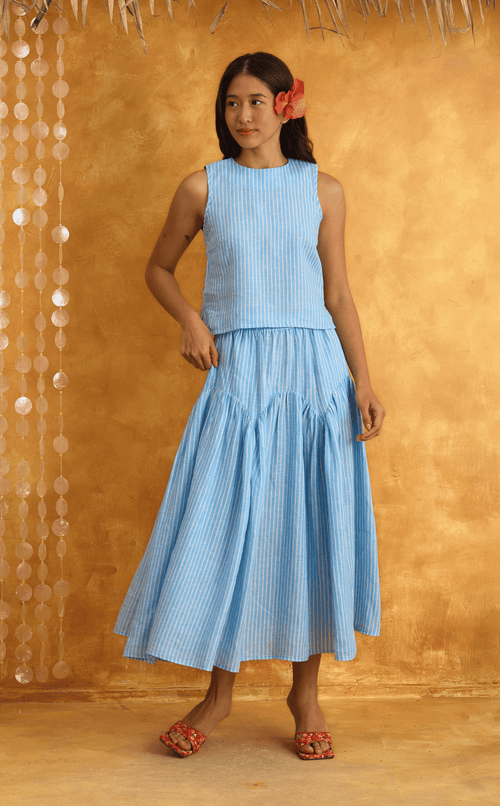 LIGAYA SKIRT - BLUE LINEN STRIPES