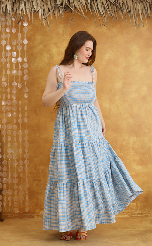 LILIANA MAXI DRESS - BLUE MICRO PLAID