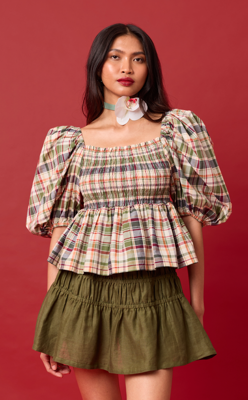 MARIKIT TOP - OLIVE PLAID