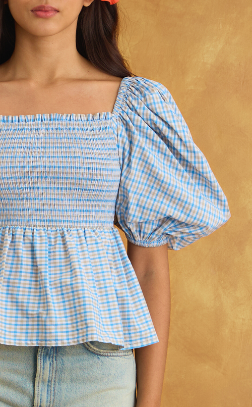 MARIKIT TOP - BLUE MICRO PLAID