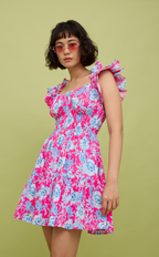 POPPY MINI DRESS - NEON PINK-BLUE FLORAL