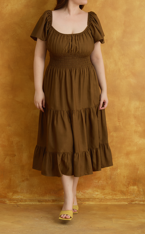 ODESSA MIDI DRESS - BROWN SATIN Shop.TayoStudio