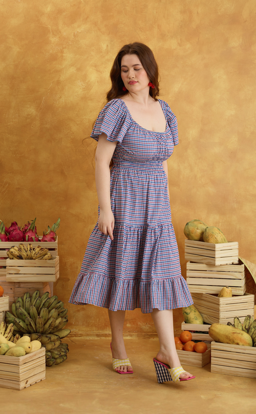 ODESSA MIDI DRESS - RED BLUE MICRO PLAID