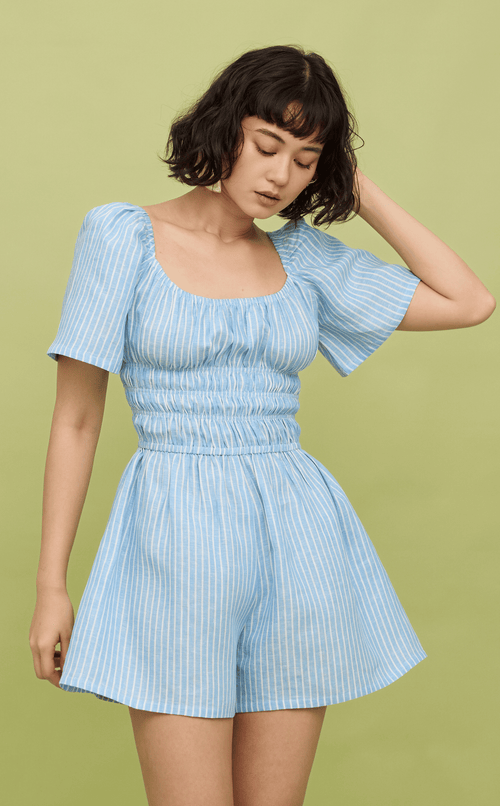 PENNY ROMPER - LIGHT BLUE LINEN STRIPES