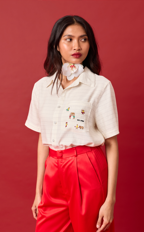 PINO TOP - WHITE CHALK STRIPES w/ BAYANIHAN EMBRO