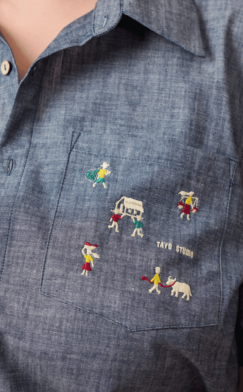 PINO TOP - DENIM CHAMBRAY w/ BAYANIHAN EMBRO