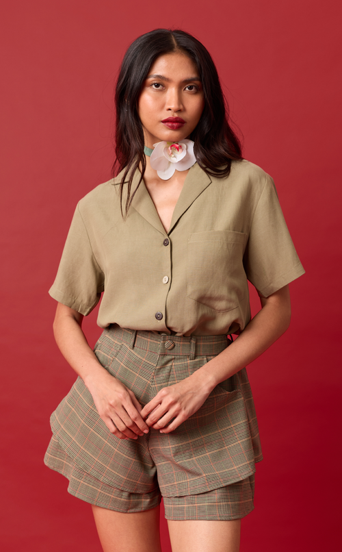 POLLY TOP - OLIVE BANANA LINEN