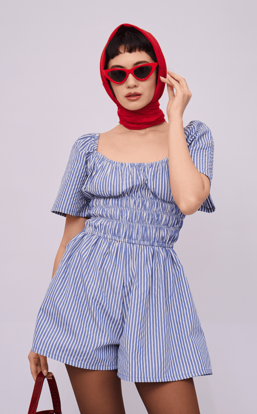 PENNY ROMPER - BLUE STRIPES SEERSUCKER