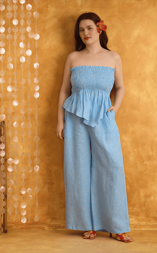RAYA PANTS - BLUE LINEN STRIPES